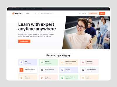E-Tutor - Education & Online LMS Website UI Design branding course design designerzafor e tutor figma html landing page learning lms online education premium template product design templatecookie ui ui design visual design web design
