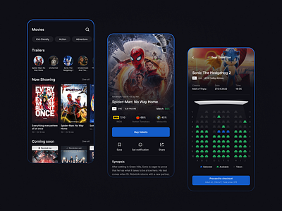 Cinema App app booking cinema cinema app dark mobile movie movie app movie booking tickets ui