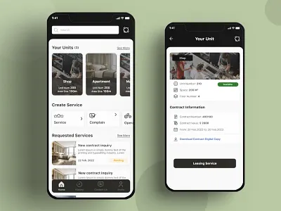Rent Mobile App app contract design home screen leasing leasing details mobile app mobile application product design realstate rent room shop ui uiux unit unit details ux
