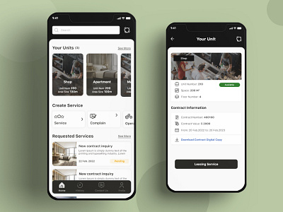 Rent Mobile App app contract design home screen leasing leasing details mobile app mobile application product design realstate rent room shop ui uiux unit unit details ux