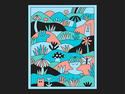 "Nature Dream" Digital Illustration animals cartoon colorful digital doodle doodling drawing dreamy hiking hills illustrated illustration line art nature playful psychedelic sketchbook waves