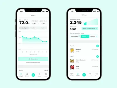 Tracking weight & calories with Weighty calories fitness food gradient graph light interface minimal mobile teal track typography ui weight