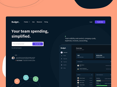 Budget.io - finance app for internal finance teams. dark finance landing page spending web