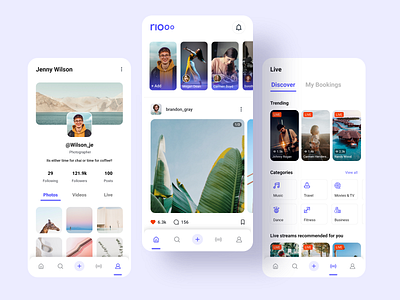 Riooo - Live Video Streaming Application for Creators adobe xd app app design branding card cta creative design creators design discover screen graphic design home screen interactive design livestreaming logo product design ui uiux uiuxdesign ux web design