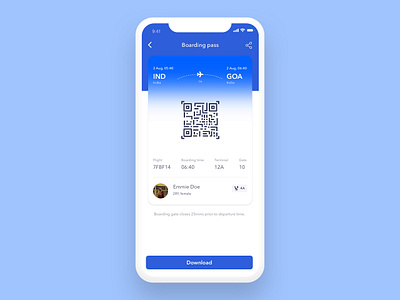 Boarding Pass 024 airline app blue boarding pass branding class clean dailyui departure design download gate ios qr code seat share simple ui ux