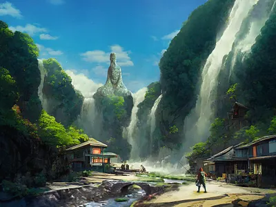 Fishing Falls ai calm digital painting fantasy fishing illustration landscape midjourney peaceful serene waterfall