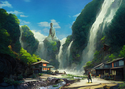 Fishing Falls ai calm digital painting fantasy fishing illustration landscape midjourney peaceful serene waterfall