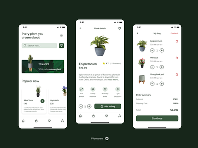 Plantarea | Mobile Shop UI cart cart details clean e commerce elegant figma green homepage minimal minimalistic mobile mobile app plant shop plants poland shopping cart subtle ui ui design ux