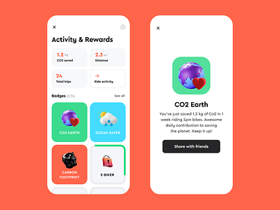 Eco-motivating Scooter Rental App achievements activity badge bike colourful dashboard motivation orange promo rent rental reward scooter statistic tiles