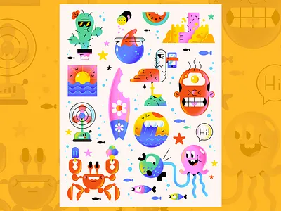 Summer Vibes! beach cactus character crab fan fish freelance illustration illustrator jellyfish phone seagull shark summer sun sunset surf vector wave
