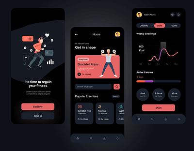 Workout App app dark theme design fitness flat gym health illustration minimal simple ui ux workout