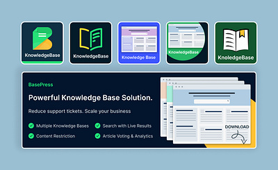 Different logo and Banners were designed for BasePress conversion design documentation figma knowledge base ui wordpress