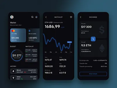 Crypto wallet concept app design application bank bitcoin black blue crypto design finance interface mobile money ui ux wallet