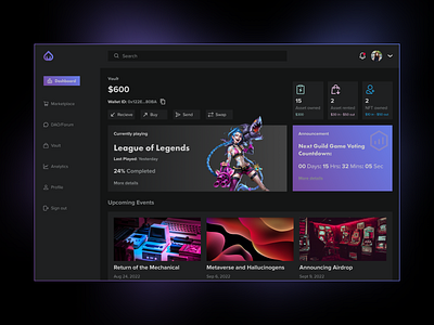Gamefi Exploration dao dark dashboard gamefi guild product design ui ui ux web3 webdesign