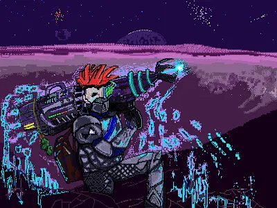 Space Grenadier Recharging 2022 8 bit cosmos cyber future graphic design illustration pixel punk soldier space