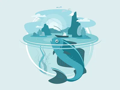 Fishing. Monochrome adobe illustrator character character design design ernest hemingway fish fishing human illustration monochrome mountains vector