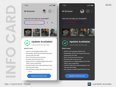 DailyUI 045 - Info Card daily ui challenge dailyui dailyui challenge dailyui day 45 dark mode ui day 45 info card ui design design inspiration info card dailyui info card ui mobile ui design rushabh koradia rushabh ui ui ui design ui inspiration update software update software ui user friendly ui version update ui