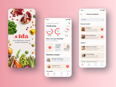 IDA: Iron-Deficiency Anemia Nutrition & Symptoms Tracker App anemia app design health healthcare iron deficiency medical mobile mobile app mobile app design mobile ui nutrition symptoms tracker tracker ui ui design user experience user interface uxui uxui design visual design