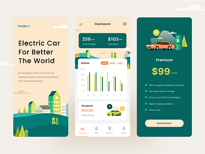 Electric Car App car charge car clean design electric car graphic design green illustration mobile app on boarding pricing splash ui web app