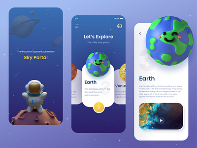 Explore Solar System - Sky Portal App 360 view astronaut clean cosmos earth mars mobile app planet sky portal sky system solar system space ui design venus