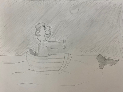 a man in the sea! animal big nose boat character design design draw graphic design illustration night night sea pencil sea sketch sketch design story board whale