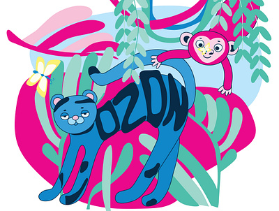 wild cat in the jungle 2d branding bright bright colors cat cute design funny illustration jungle pattern tropics ui vector web wild cat
