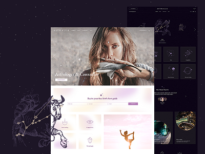 Astralla - Horoscope and Astrology Theme astrologer astrology elegant esoteric gem gems horoscope mystic numerology spiritual tarot website mockup wordpress zodiac