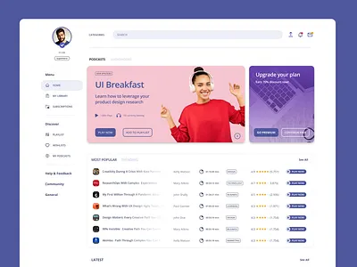Podcast Dashboard design landing page user inteface