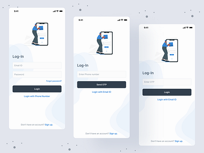 Login / Sign In Screens app black blue design email illustration login mobile number onboarding otp password phone register sign in sign up signin ui username ux