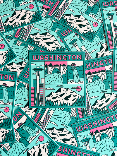 Washington State Stickers bridge graphic design green illustration illustrator landmarks mountains pacific northwest pnw seattle spokane square sticker travel vector art washington waterfall