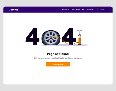 Gomoto Website 404 Error 404 404 error cars design error gomoto interaction design landing page product spinning tires tire ui ux web website wrong