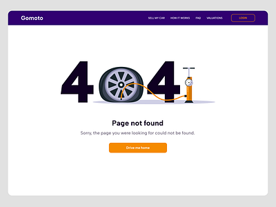 Gomoto Website 404 Error 404 404 error cars design error gomoto interaction design landing page product spinning tires tire ui ux web website wrong