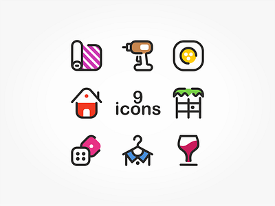 9 icons clothing cup electric games glass home sunday textile work tools