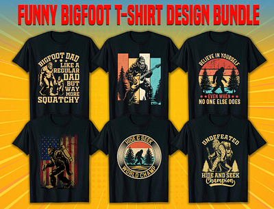 Funny Bigfoot T-shirt Design Bundle app bigfoot bigfoot shirt bigfoot t shirt bigfootshirts branding graphic design halloween hippie logo print retro sasquatch sasquatch shirt summer t shirt typography ui vector vintage