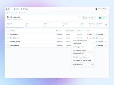 Rejection reasons candidate candidate profile career fountain greenhouse hire hiring job jobs profile quick action recruiting recruitment rejection reason select reason stage table teero user profile workstream