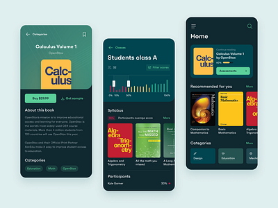 Books reading and learning app. Dark mode. app application books categories classes clean dark dark mode design filters green library ui ui design