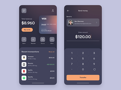 Banking application concept. Dark mode. app application bank banking card clean dark dark mode design money send transfer ui