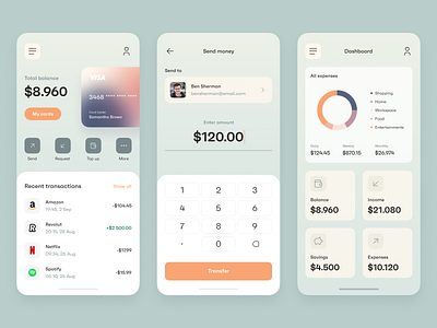 Banking application concept app application bank banking card clean dashboard design graph light money orange send money simple transfer ui