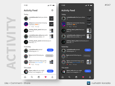 DailyUI 047 - Activity Feed activity feed 47 activity feed ui activity feed ui design creative designs daily ui challenge dailyui dailyui activity feed dailyui challenge dailyui day 47 dailyui day 47 ui day 47 dailyui design design inspiration mobile ui mobile ui design rushabh koradia rushabh ui ui ui design ui inspiration