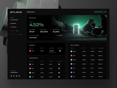 Bitlend: dApp bitlend borrowing crypto dapp dark dark mode dark ui defi defi ux ethereum green ui lend lending tron ui ux