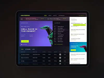 Houndrace — NFT gaming platform bladerunner cyber dark theme enterprise futuristic game interface gaming navigaation nft nft gaming races saas spreadsheet taable ui ux web