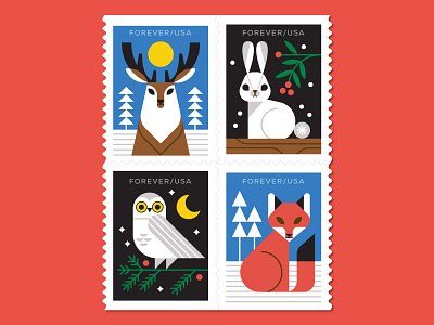 USPS Stamp Set - Winter Woodland Animals animals deer fox holiday illustration mail owl rabbit snow stamp stamps usps vector winter