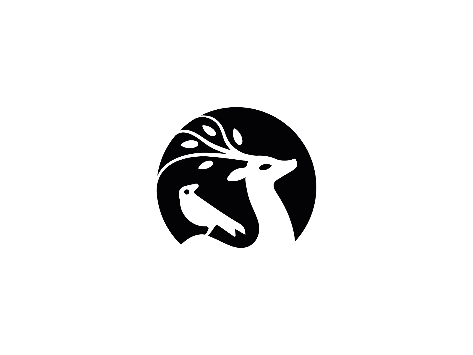 Deer and Bird Logo animal logo black and white logo brandmark coexistence logo deer and bird environmental logo forest logo graphic design illustration logo design minimal logo modern logo design monochromatic logo tree and animal logo wildlife logo