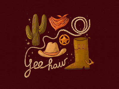 Yeehaw mode on 2d badge bandana boot cacti cactus digital art hat illustration illustrator lasso rope sheriff spark spurs star ui western yeehaw