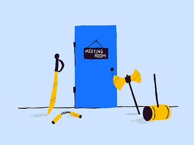 Illustration for We Know You 2d illustration article article illustration blue cartoon character design digital art digital illustration door editorial illustration illustration medium illustration meeting procreate room weapons