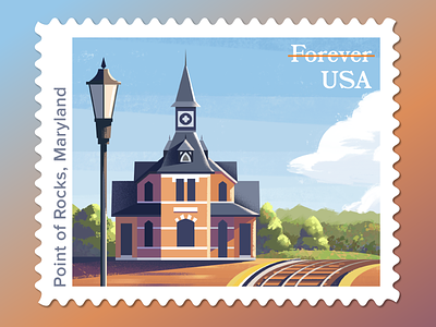 USPS Stamp: Point of Rocks Station architecture color down the street down the street designs dts dts designs illustration landscape railroad stamp stamps train usps