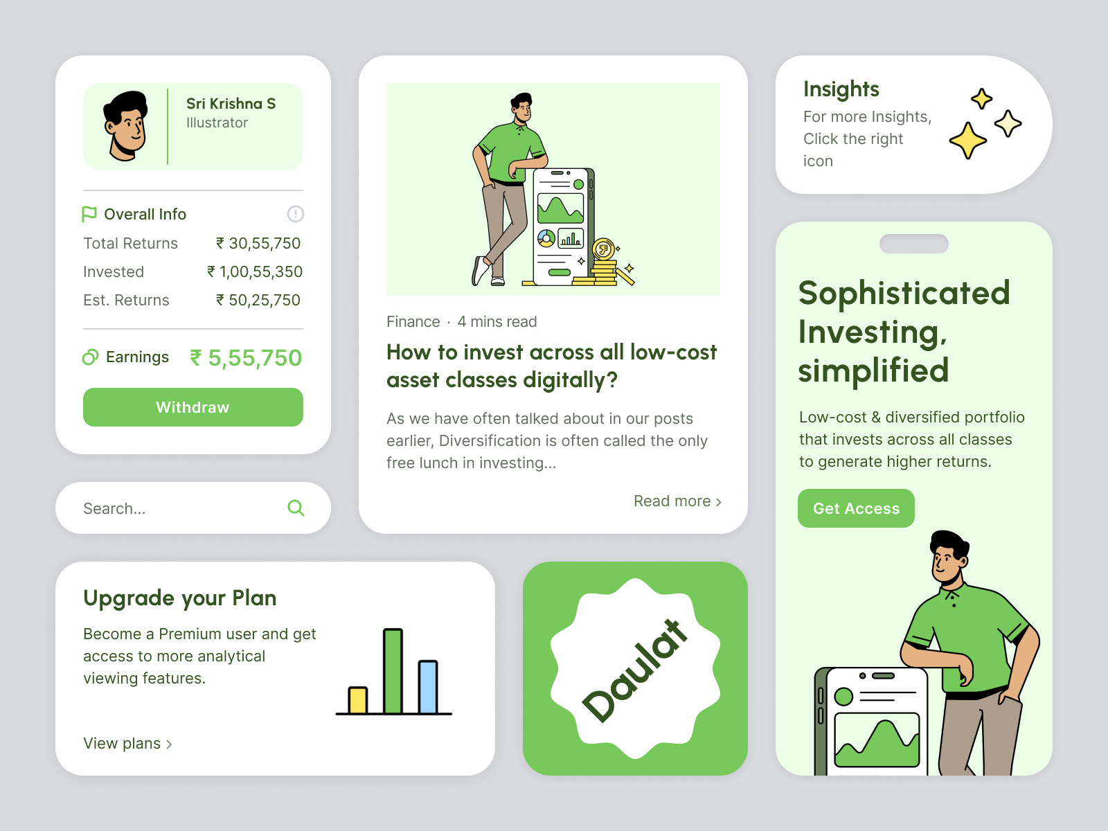Wealth Management - UI Cards 01 2d app behance blogs cards charts design dribbble finance fintech illustration investment marketing mobile mode money product timeless ui ux