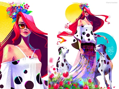 Hues of black and white... character design dalmatian dog female freelance illustrator girl illustration illustrator procreate red hair samji illustrator