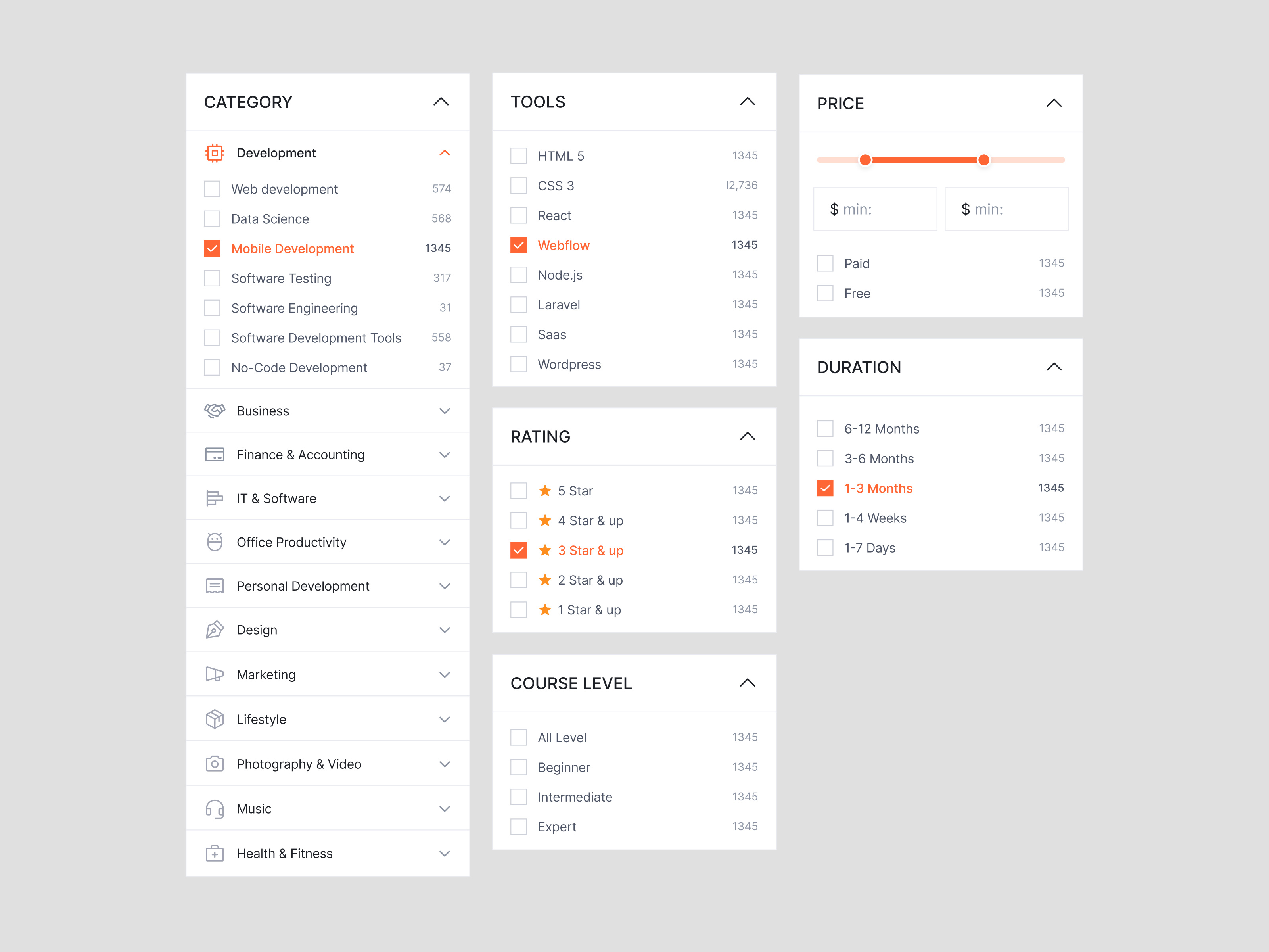 Course Filter Page UI Design | E-tutor browse coursse design designerzafor e learning e tutor filter lms online course online education premium template product design search ui design web design website
