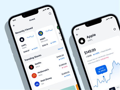 Finany- Stock investment Mobile App android app design app interaction concept cryptocurrency dynamic island finance financial financial app fintech investment investment app ios14 market mobile mobile app stock stock market stock trading trading